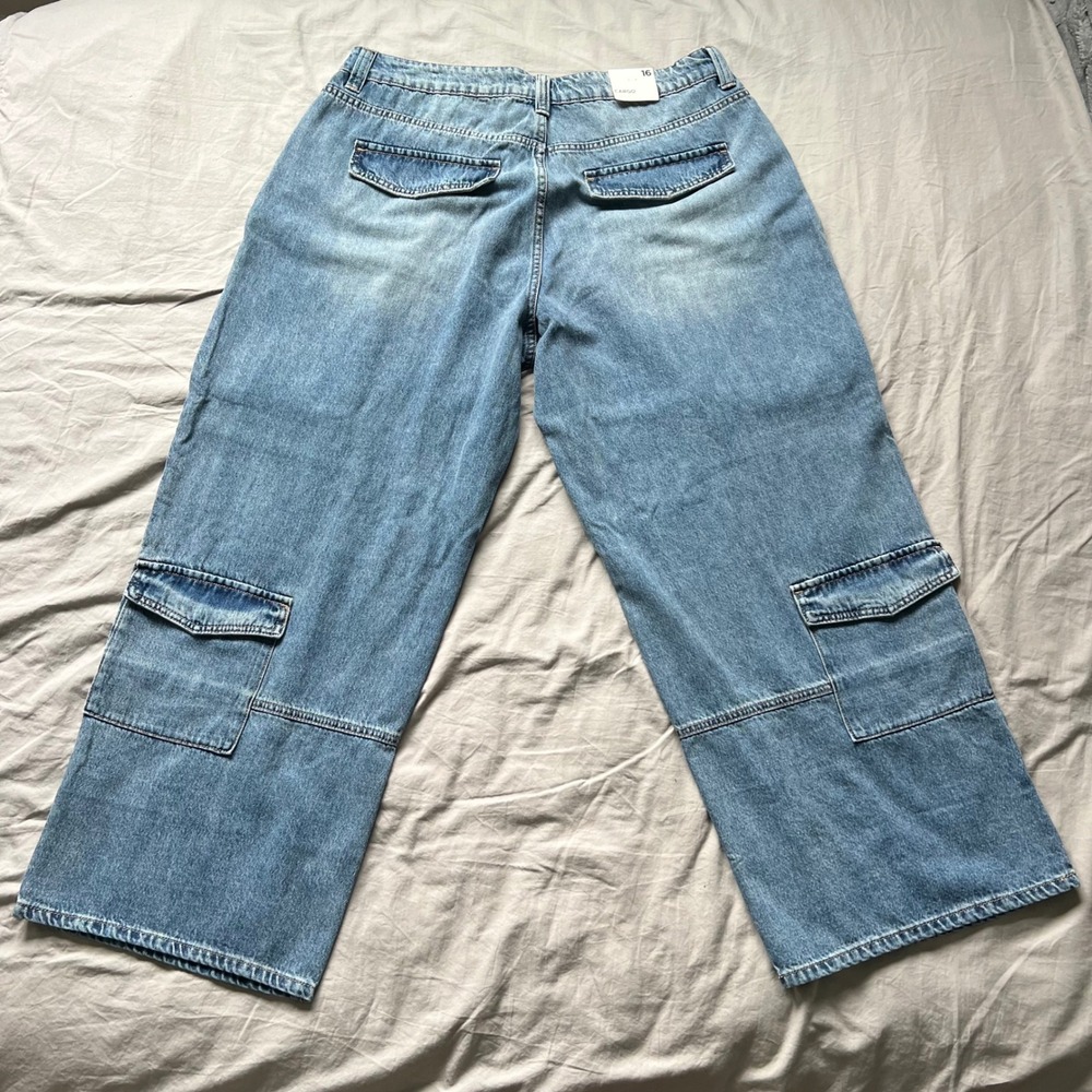 FOREVER 21+ Cargo Jeans Size 16 Light Wash Distressed Baggy Wide Leg Premium NWT